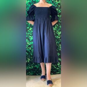 🌿 NWT Cottagecore Navy Milkmaid Midi Dress – Size M